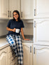 Women summer pajama set Dark Blue Tee + Dark Blue X Light Blue Checkered Pants